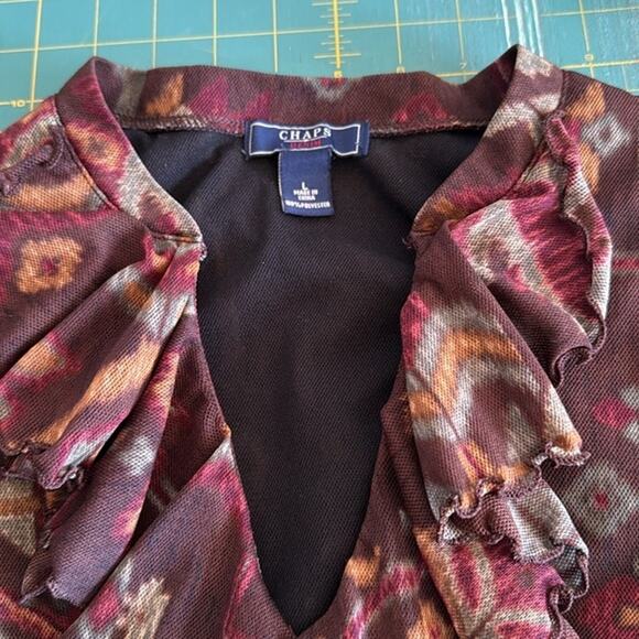 Chaps Women's Pullover Top Brown Aztec V-Neck Ruffles 3/4 Sleeves Mesh sz L - Picture 3 of 5